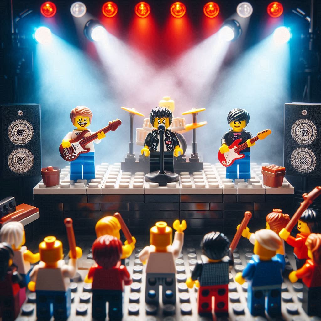 lego minifigs watching a rock concert with flashing lights