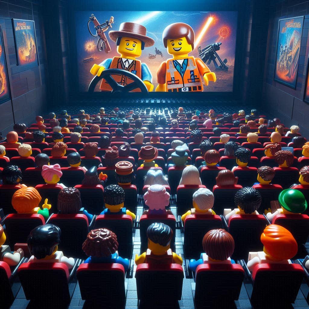 lego minifigs sitting in a crowded movie theater watching a western movie
